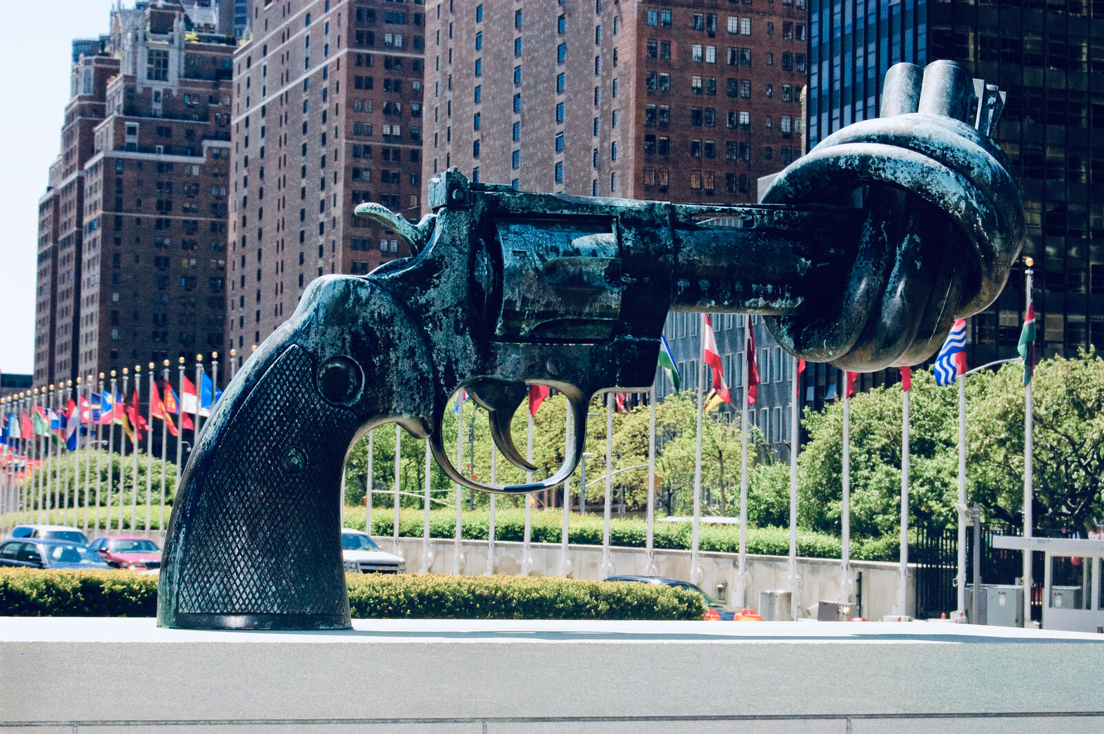 The Knotted Gun sculpture (Non-Violence) outside the United Nations headquarters in New York
